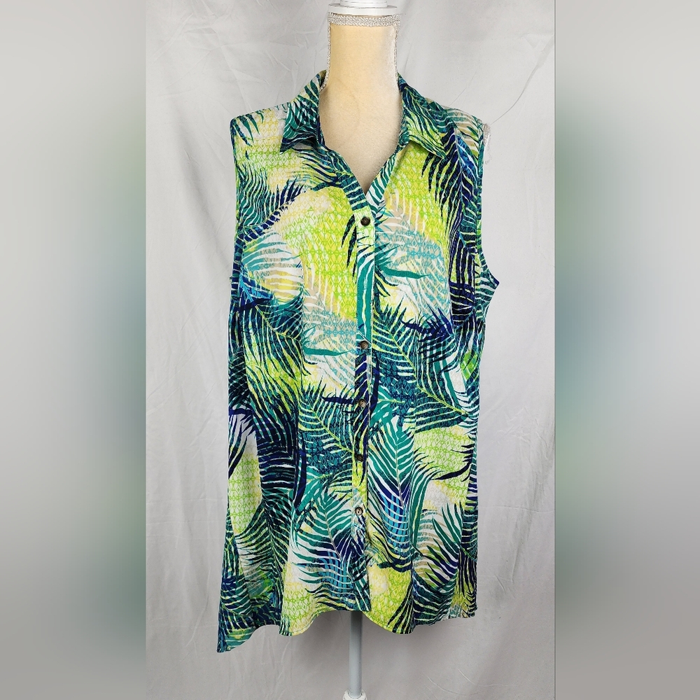 Catherines Tropical Tunic Lagenlook Flowy Sleeveless Buttoned Women's Top sz 1X